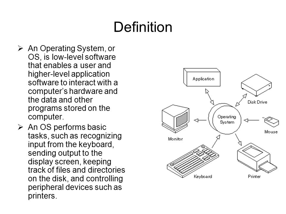 Definition  An Operating System, or OS, is low-level software that enables a user and higher-level application software to interact with a computer’s hardware and the data and other programs stored on the computer.