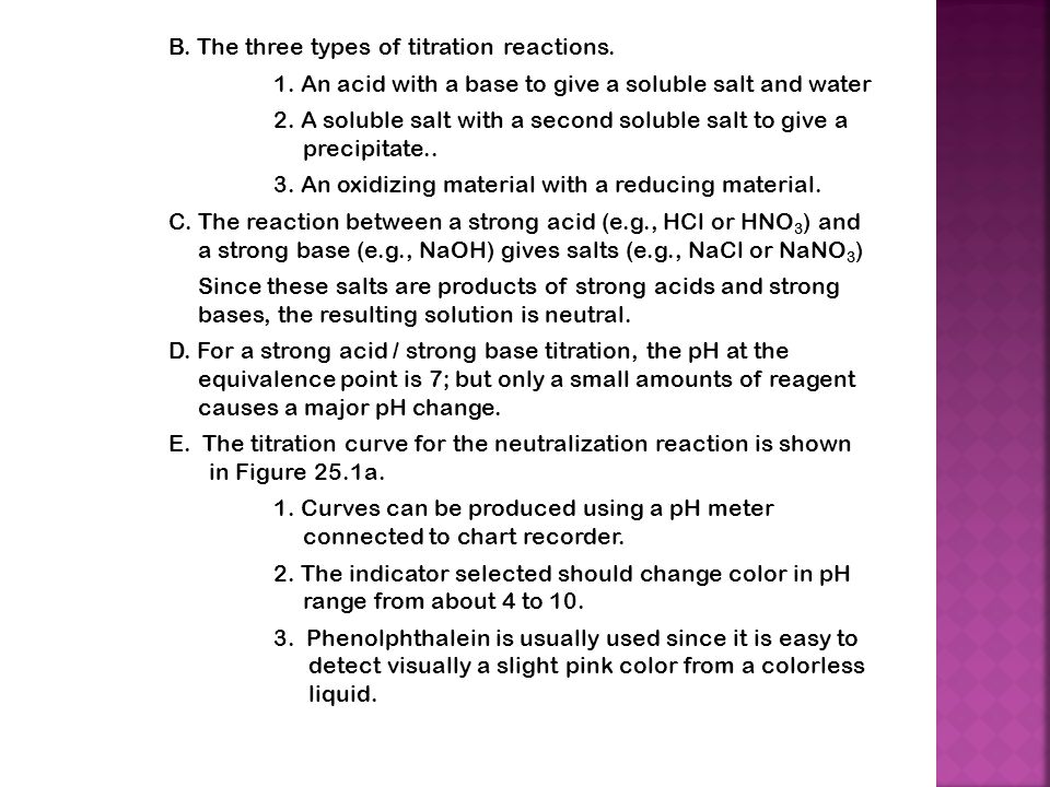 B. The three types of titration reactions. 1.