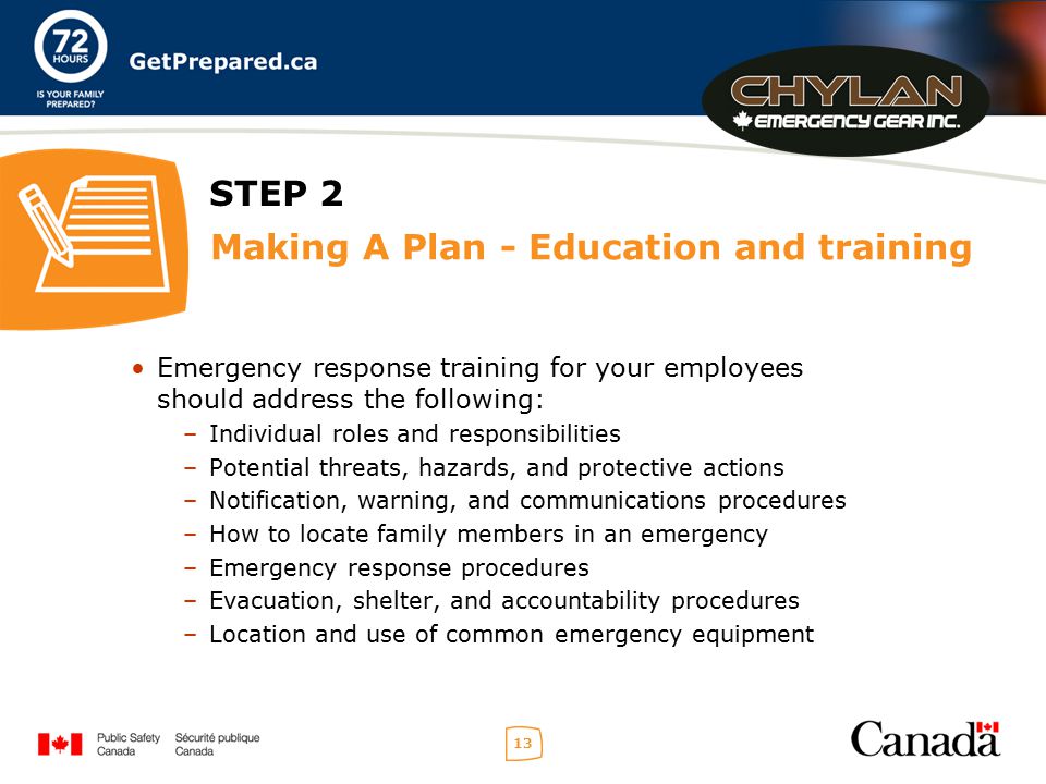 13 STEP 2 Making A Plan - Education and training Emergency response training for your employees should address the following: –Individual roles and responsibilities –Potential threats, hazards, and protective actions –Notification, warning, and communications procedures –How to locate family members in an emergency –Emergency response procedures –Evacuation, shelter, and accountability procedures –Location and use of common emergency equipment