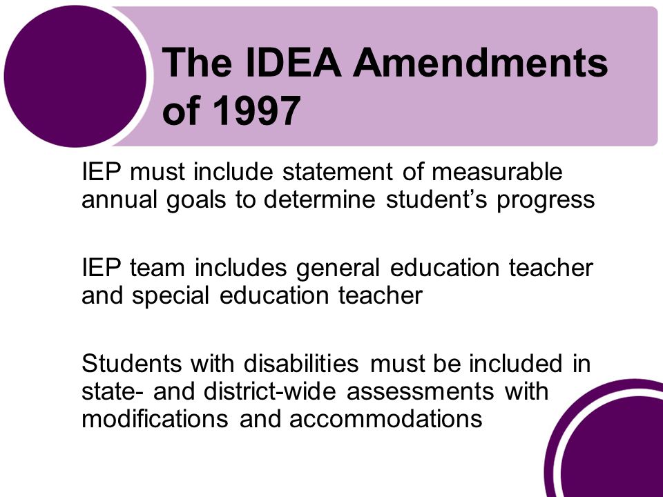 The IDEA Amendments of 1997 IEP must include statement of measurable annual goals to determine student’s progress IEP team includes general education teacher and special education teacher Students with disabilities must be included in state- and district-wide assessments with modifications and accommodations