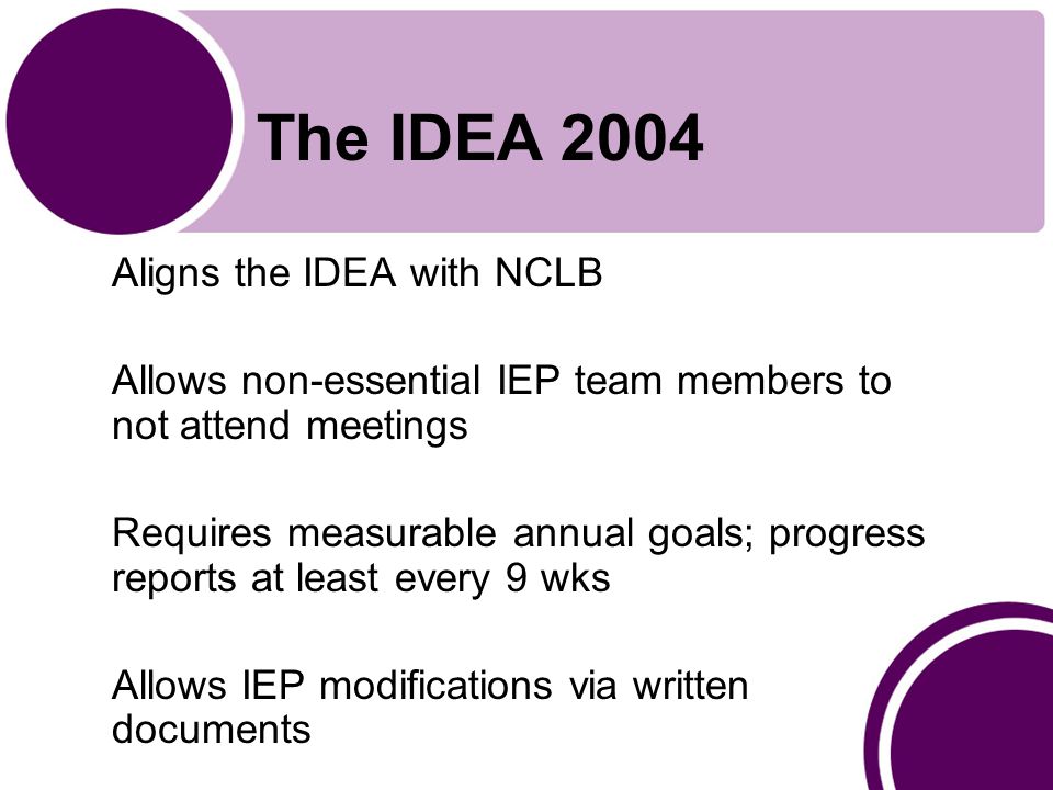 The IDEA 2004 Aligns the IDEA with NCLB Allows non-essential IEP team members to not attend meetings Requires measurable annual goals; progress reports at least every 9 wks Allows IEP modifications via written documents