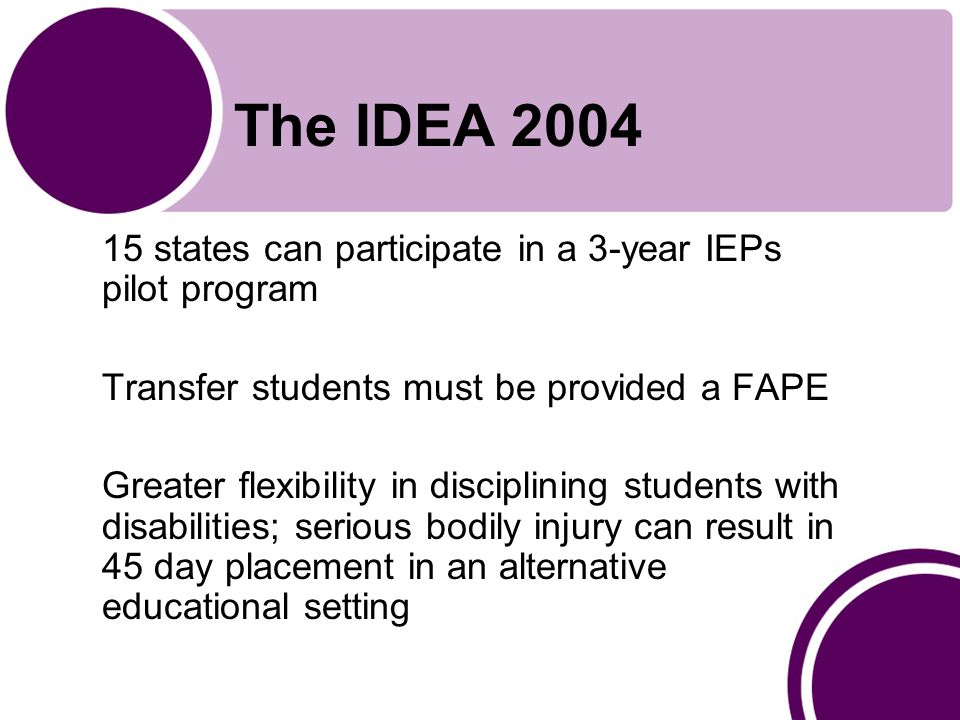The IDEA states can participate in a 3-year IEPs pilot program Transfer students must be provided a FAPE Greater flexibility in disciplining students with disabilities; serious bodily injury can result in 45 day placement in an alternative educational setting