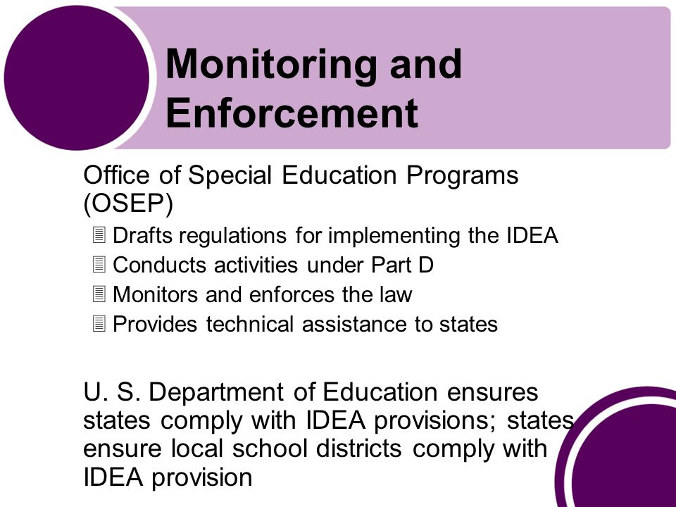 Monitoring and Enforcement Office of Special Education Programs (OSEP) 3Drafts regulations for implementing the IDEA 3Conducts activities under Part D 3Monitors and enforces the law 3Provides technical assistance to states U.