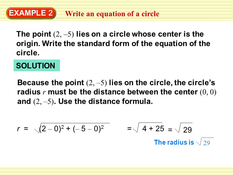 EXAMPLE 2 Write an equation of a circle The point (2, –5) lies on a circle whose center is the origin.