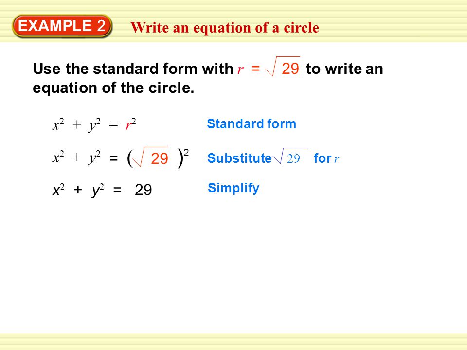EXAMPLE 2 Write an equation of a circle Use the standard form with r to write an equation of the circle.