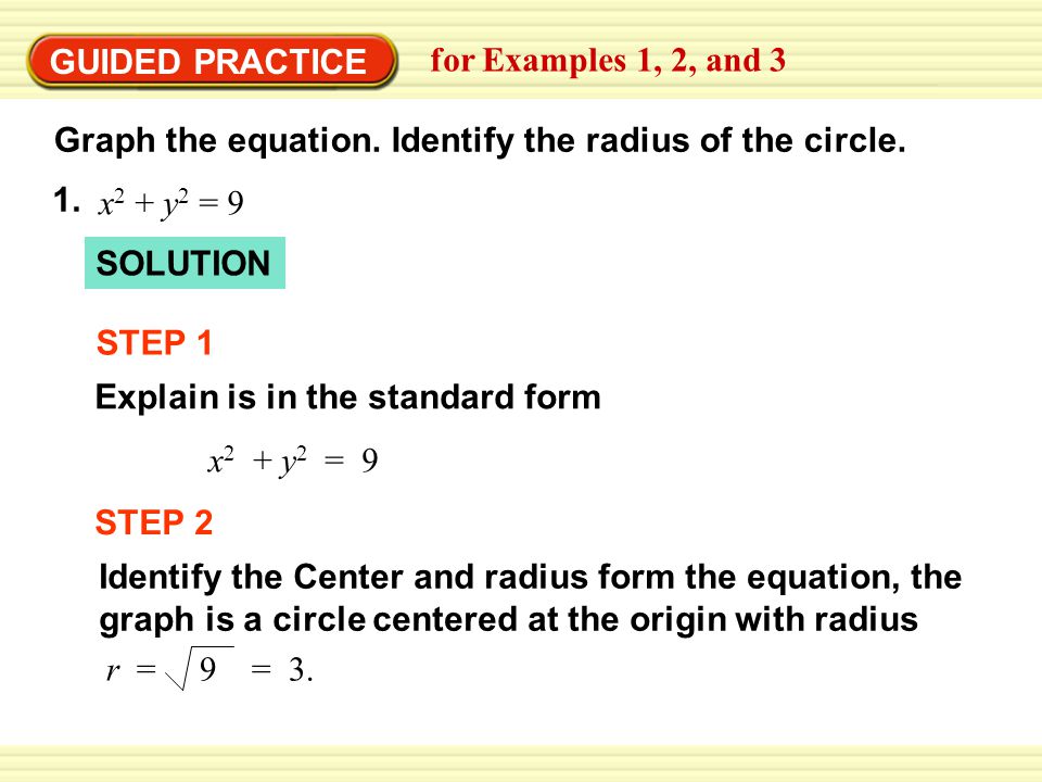 GUIDED PRACTICE for Examples 1, 2, and 3 Graph the equation.