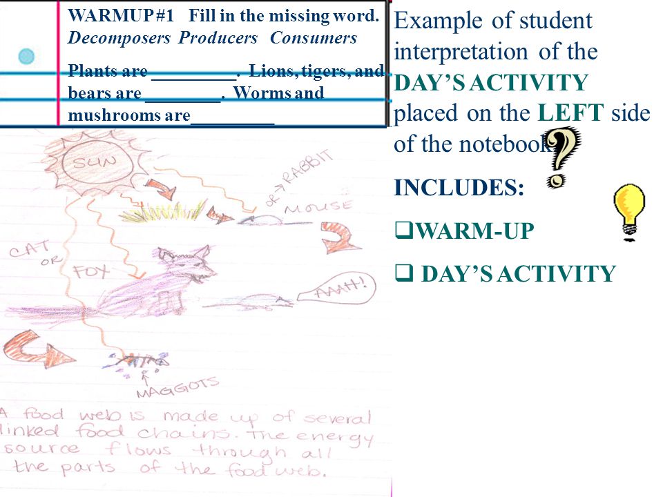 Example of student interpretation of the DAY’S ACTIVITY placed on the LEFT side of the notebook.