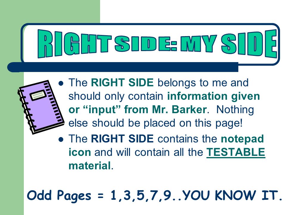 The RIGHT SIDE belongs to me and should only contain information given or input from Mr.