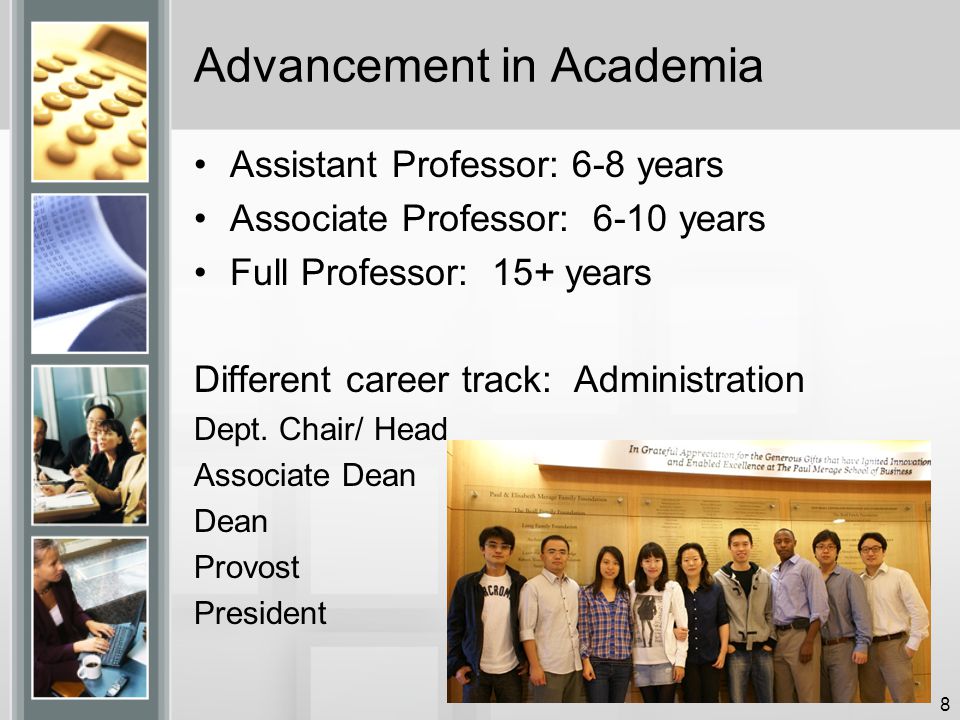 Advancement in Academia Assistant Professor: 6-8 years Associate Professor: 6-10 years Full Professor: 15+ years Different career track: Administration Dept.