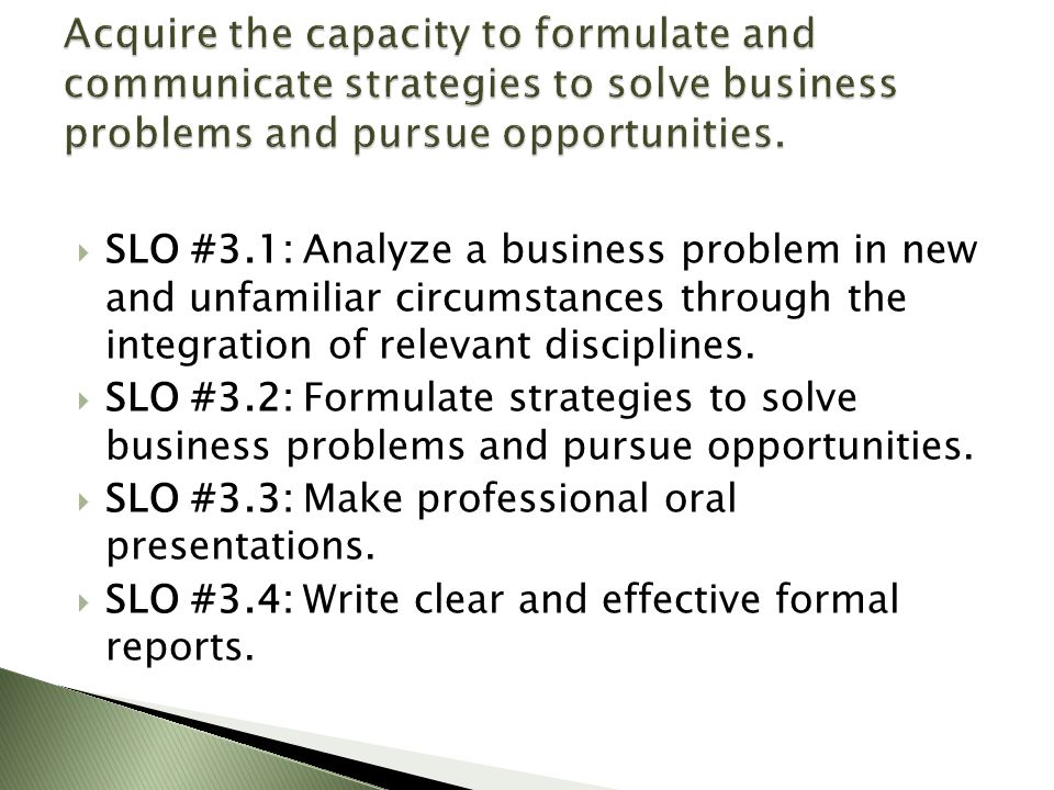  SLO #3.1: Analyze a business problem in new and unfamiliar circumstances through the integration of relevant disciplines.