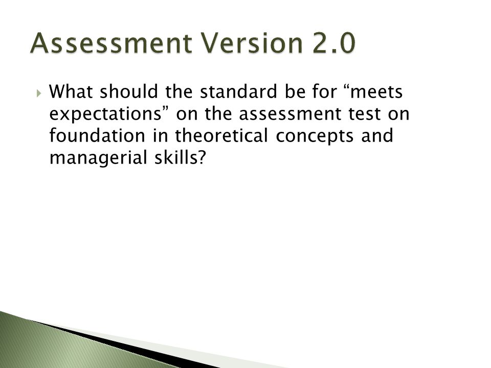 What should the standard be for meets expectations on the assessment test on foundation in theoretical concepts and managerial skills