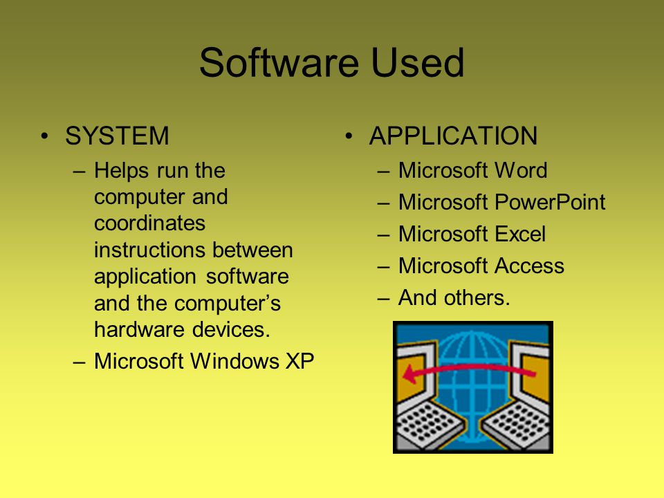 Software Used SYSTEM –Helps run the computer and coordinates instructions between application software and the computer’s hardware devices.