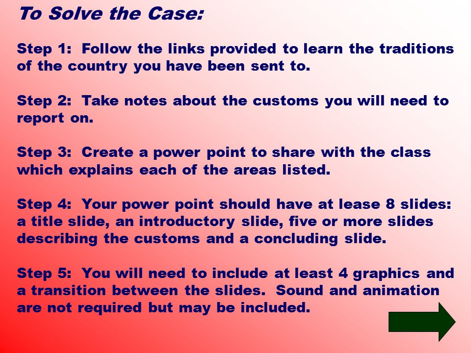 To Solve the Case: Step 1: Follow the links provided to learn the traditions of the country you have been sent to.
