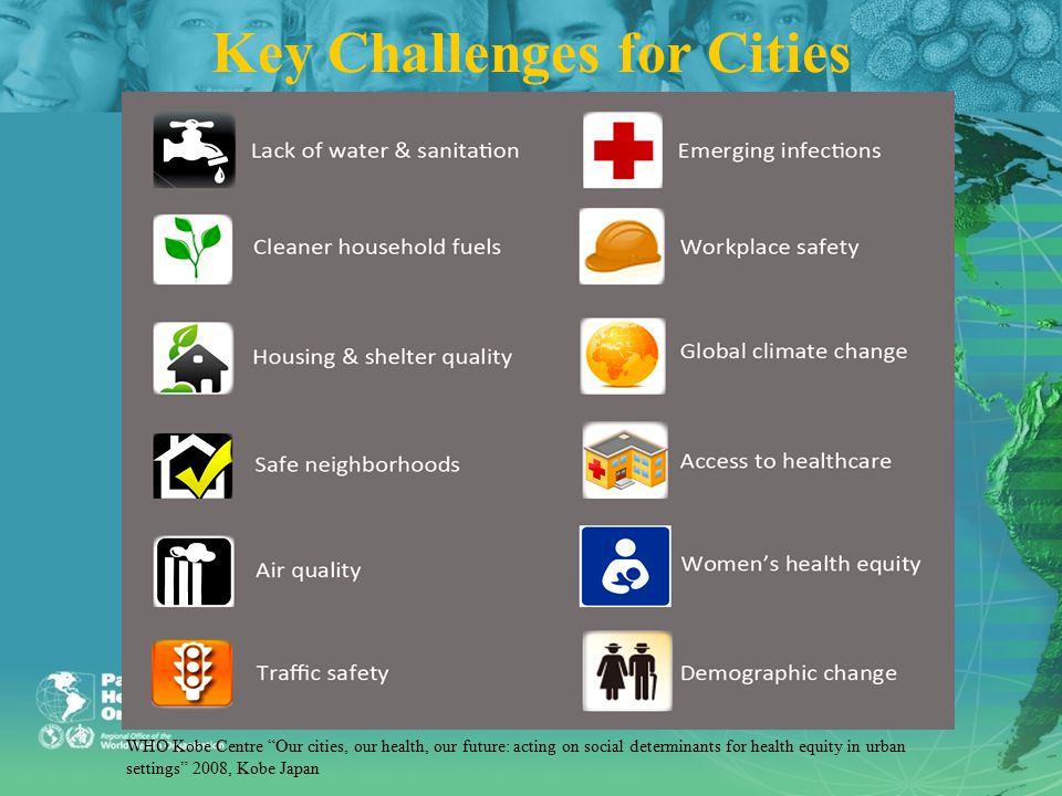 Key Challenges for Cities WHO Kobe Centre Our cities, our health, our future: acting on social determinants for health equity in urban settings 2008, Kobe Japan