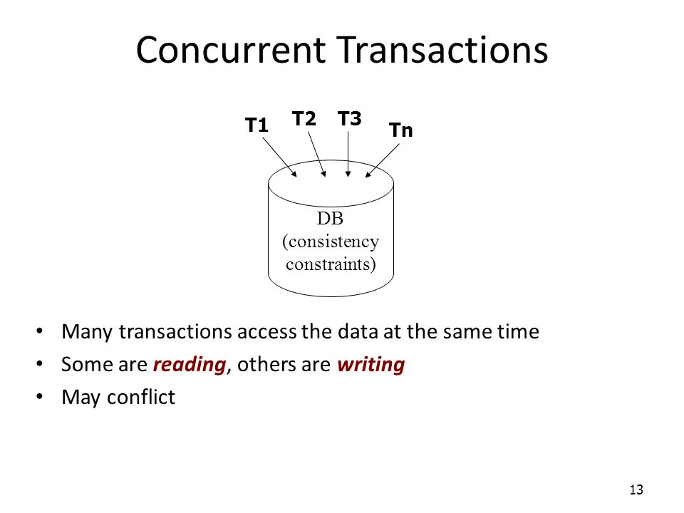 13 T1 DB (consistency constraints) Concurrent Transactions T2T3 Tn Many transactions access the data at the same time Some are reading, others are writing May conflict