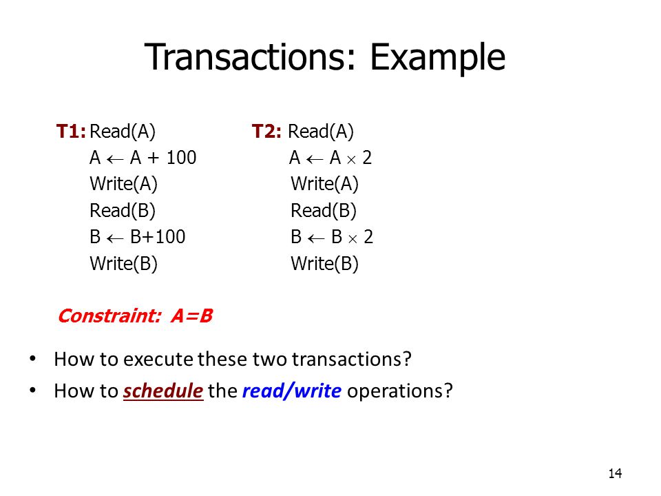 14 Transactions: Example T1:Read(A) T2:Read(A) A  A A  A  2 Write(A) Read(B) B  B+100 B  B  2 Write(B) Constraint: A=B How to execute these two transactions.