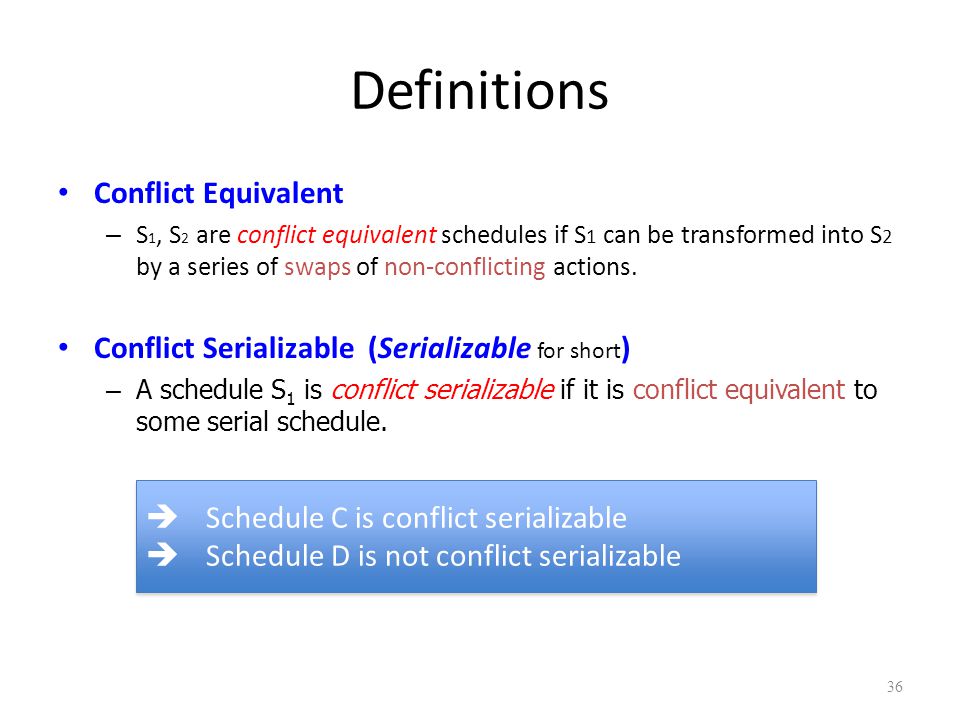 Definitions Conflict Equivalent – S 1, S 2 are conflict equivalent schedules if S 1 can be transformed into S 2 by a series of swaps of non-conflicting actions.