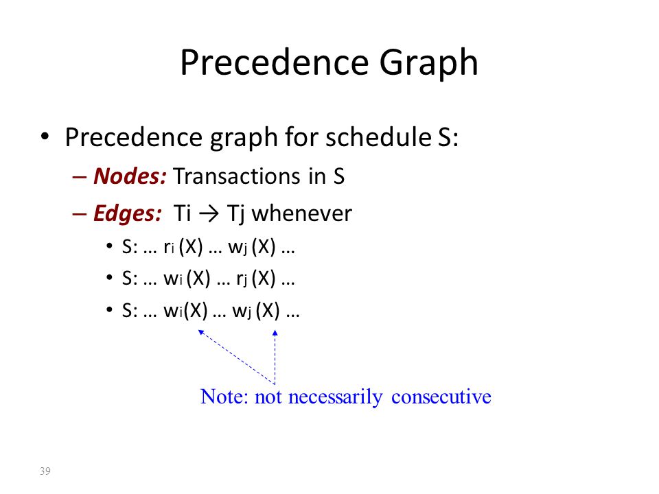 39 Precedence Graph Precedence graph for schedule S: – Nodes: Transactions in S – Edges: Ti → Tj whenever S: … r i (X) … w j (X) … S: … w i (X) … r j (X) … S: … w i (X) … w j (X) … Note: not necessarily consecutive