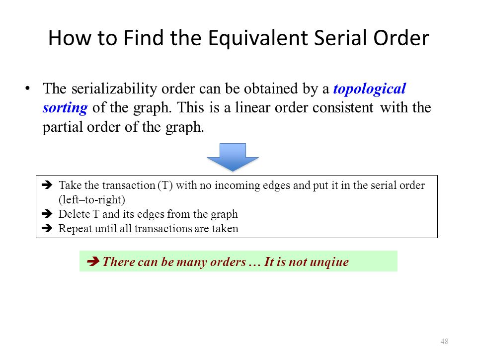 How to Find the Equivalent Serial Order 48 The serializability order can be obtained by a topological sorting of the graph.