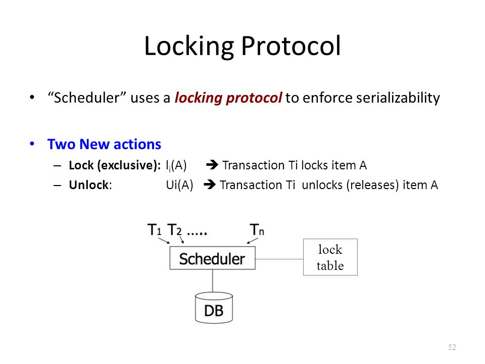 Locking Protocol Scheduler uses a locking protocol to enforce serializability Two New actions – Lock (exclusive): l i (A)  Transaction Ti locks item A – Unlock: Ui(A)  Transaction Ti unlocks (releases) item A 52 lock table