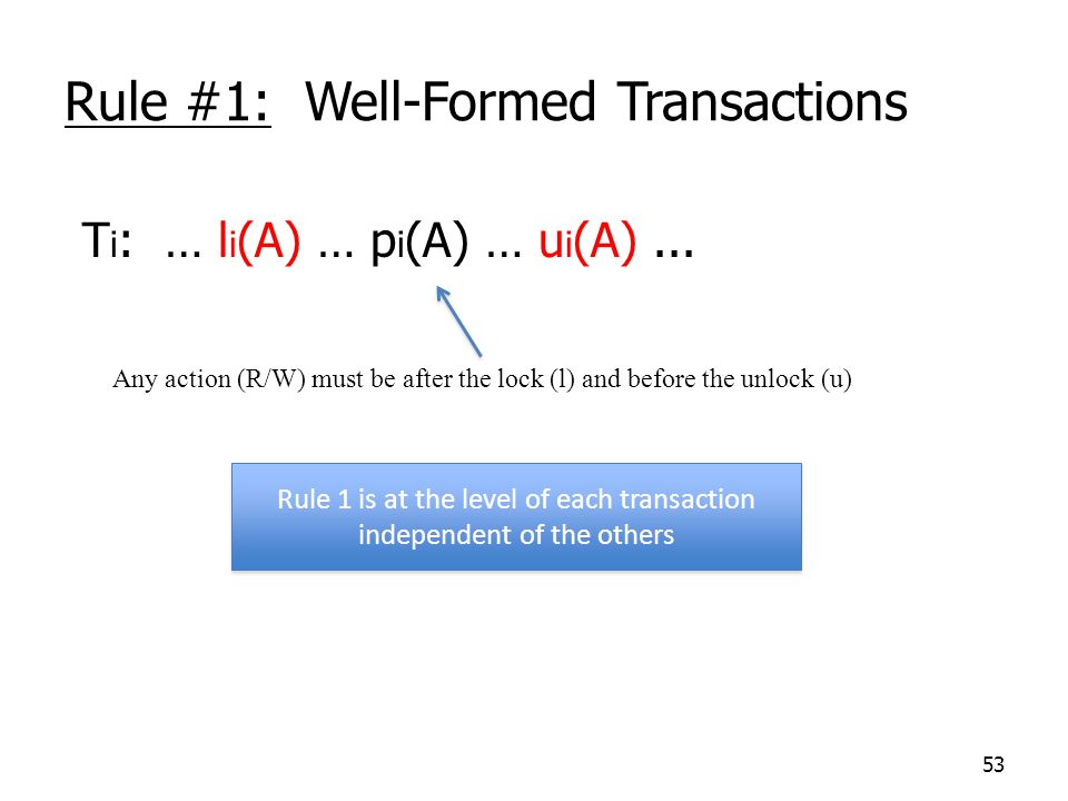 53 Rule #1: Well-Formed Transactions T i : … l i (A) … p i (A) … u i (A)...