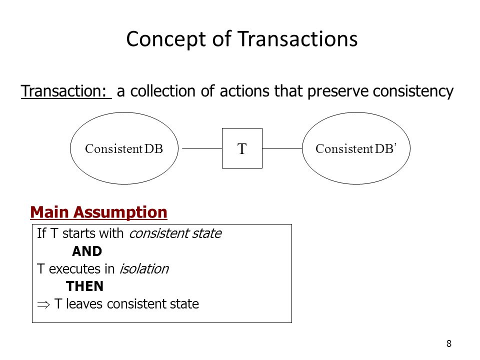 8 Transaction: a collection of actions that preserve consistency Consistent DBConsistent DB’ T If T starts with consistent state AND T executes in isolation THEN  T leaves consistent state Main Assumption Concept of Transactions