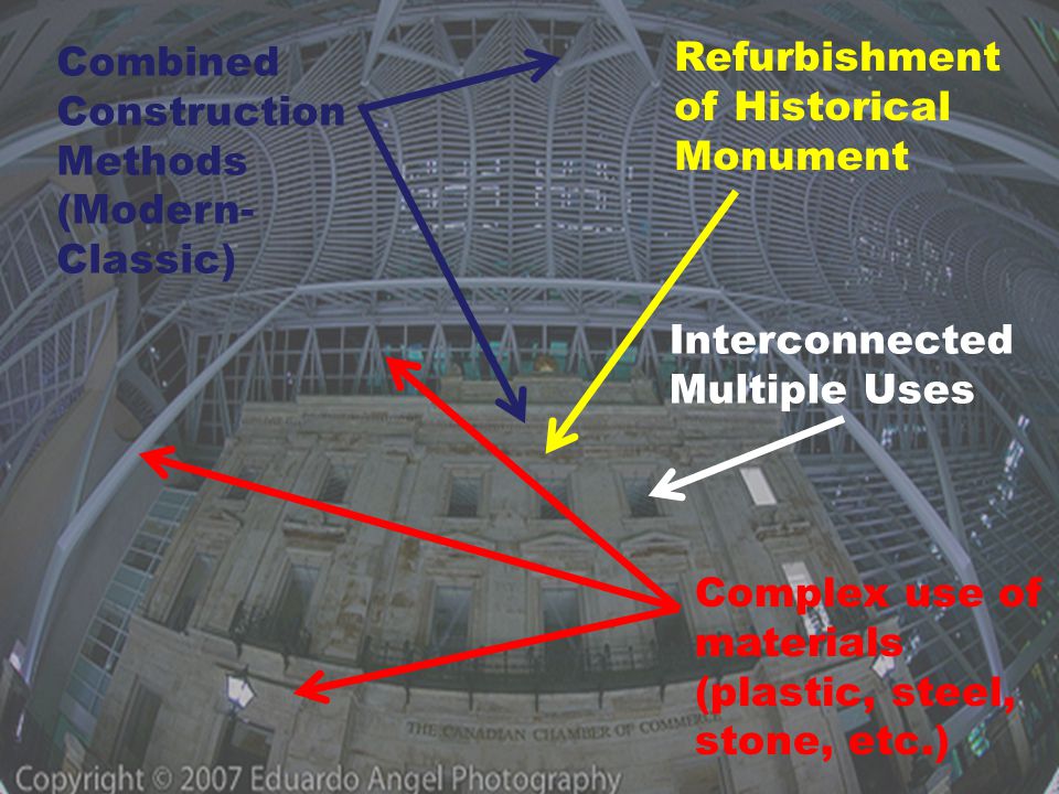 Combined Construction Methods (Modern- Classic) Refurbishment of Historical Monument Complex use of materials (plastic, steel, stone, etc.) Interconnected Multiple Uses