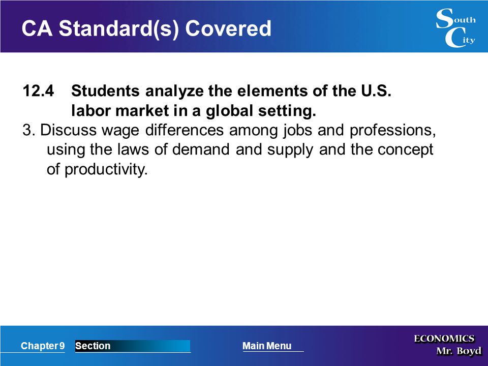 Chapter 9SectionMain Menu CA Standard(s) Covered 12.4Students analyze the elements of the U.S.