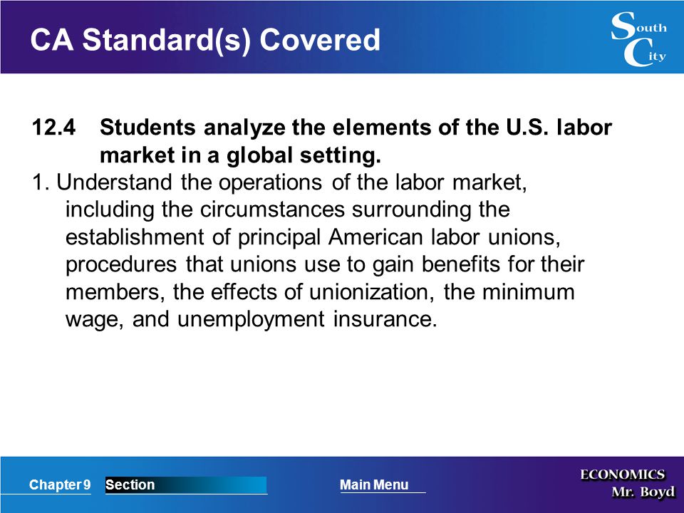 Chapter 9SectionMain Menu CA Standard(s) Covered 12.4Students analyze the elements of the U.S.