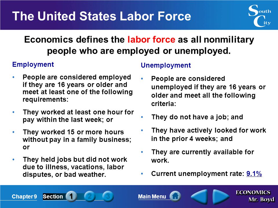 Chapter 9SectionMain Menu Economics defines the labor force as all nonmilitary people who are employed or unemployed.