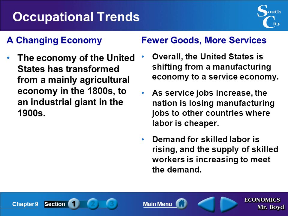 Chapter 9SectionMain Menu Occupational Trends A Changing Economy The economy of the United States has transformed from a mainly agricultural economy in the 1800s, to an industrial giant in the 1900s.