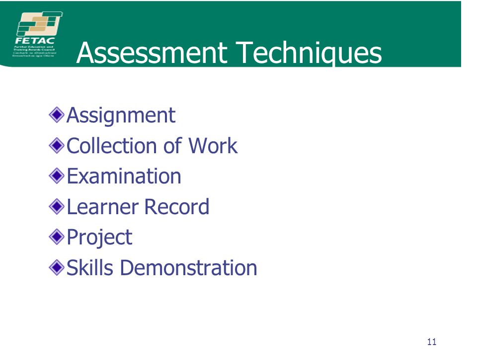 11 Assessment Techniques Assignment Collection of Work Examination Learner Record Project Skills Demonstration