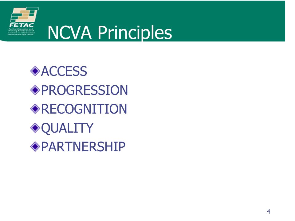 4 NCVA Principles ACCESS PROGRESSION RECOGNITION QUALITY PARTNERSHIP