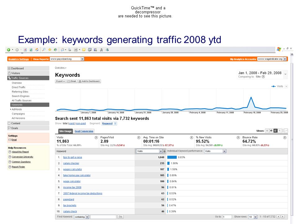 Example: keywords generating traffic 2008 ytd