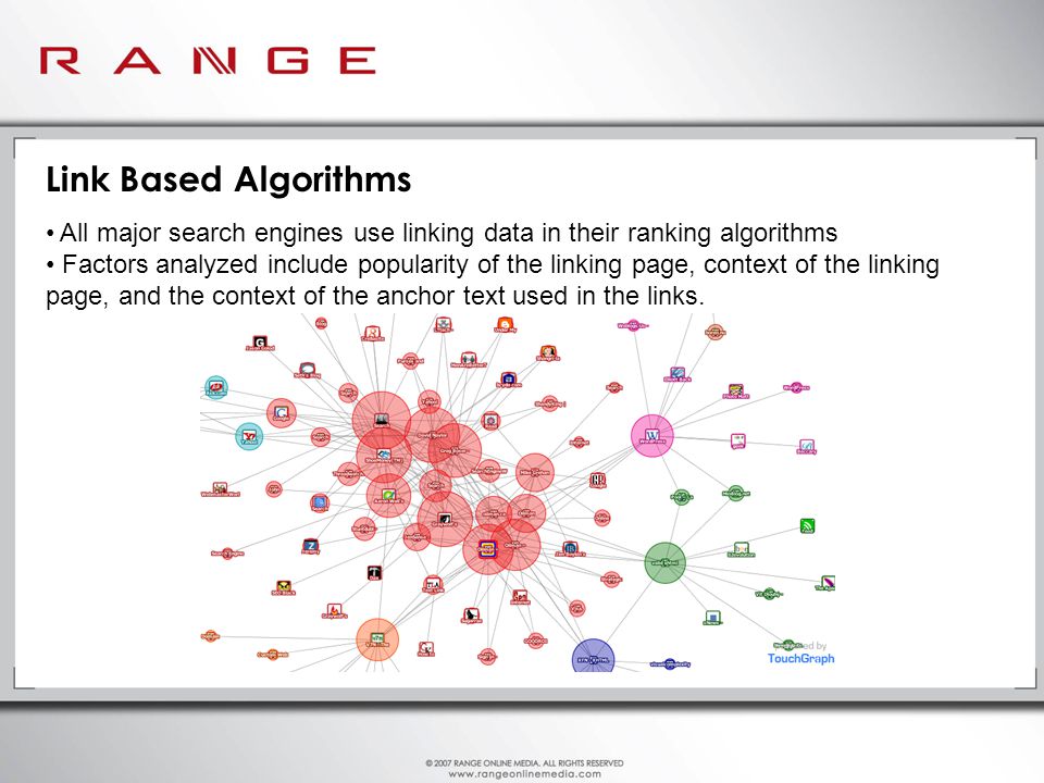 Link Based Algorithms All major search engines use linking data in their ranking algorithms Factors analyzed include popularity of the linking page, context of the linking page, and the context of the anchor text used in the links.