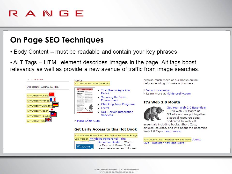 On Page SEO Techniques Body Content – must be readable and contain your key phrases.