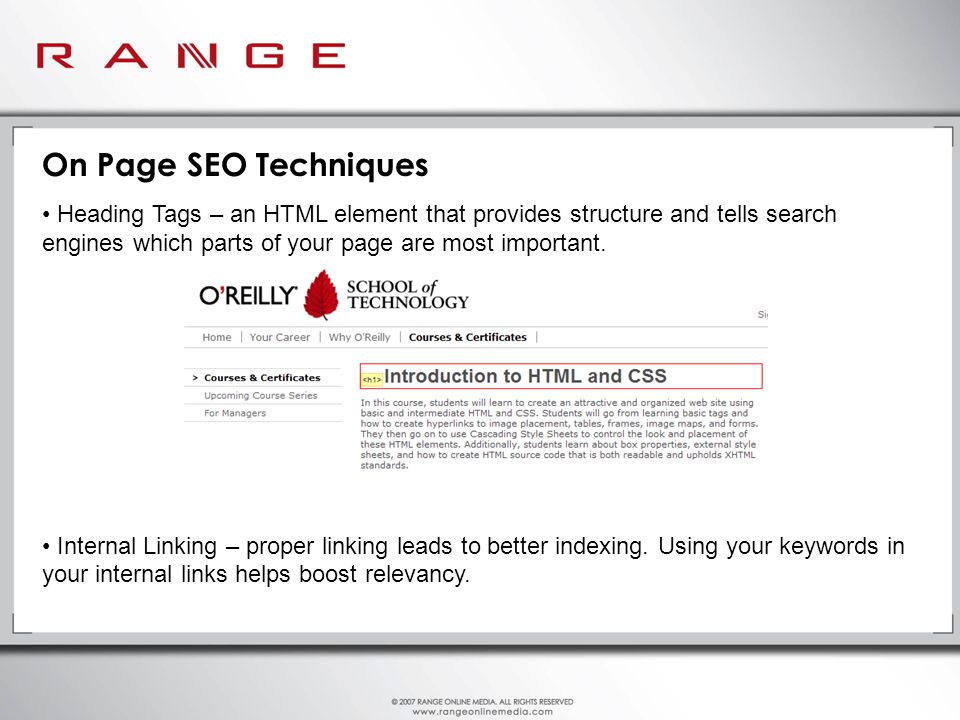 On Page SEO Techniques Heading Tags – an HTML element that provides structure and tells search engines which parts of your page are most important.