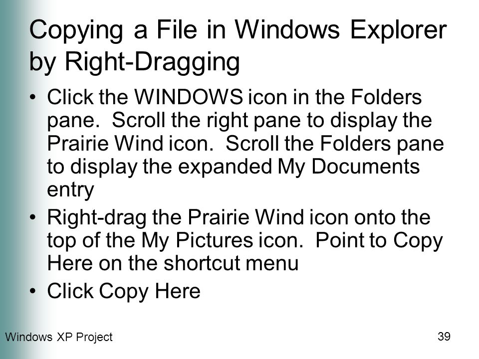 Windows XP Project 39 Copying a File in Windows Explorer by Right-Dragging Click the WINDOWS icon in the Folders pane.