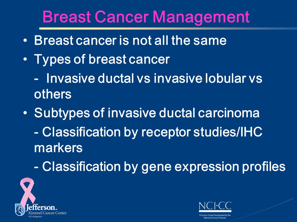 Breast Cancer Management Breast cancer is not all the same Types of breast cancer - Invasive ductal vs invasive lobular vs others Subtypes of invasive ductal carcinoma - Classification by receptor studies/IHC markers - Classification by gene expression profiles