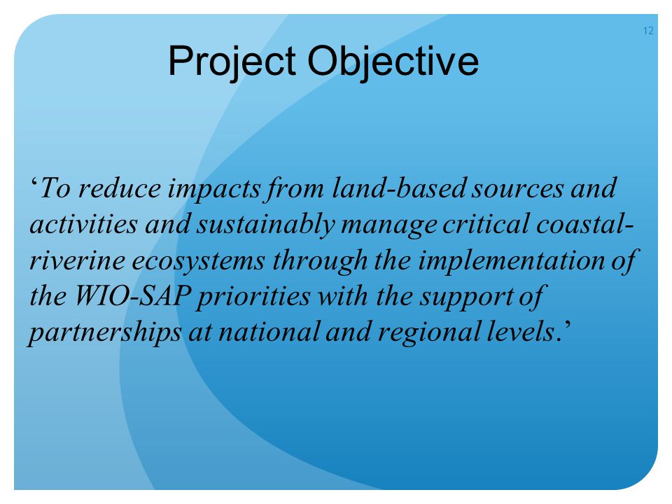 12 Project Objective ‘To reduce impacts from land-based sources and activities and sustainably manage critical coastal- riverine ecosystems through the implementation of the WIO-SAP priorities with the support of partnerships at national and regional levels.’