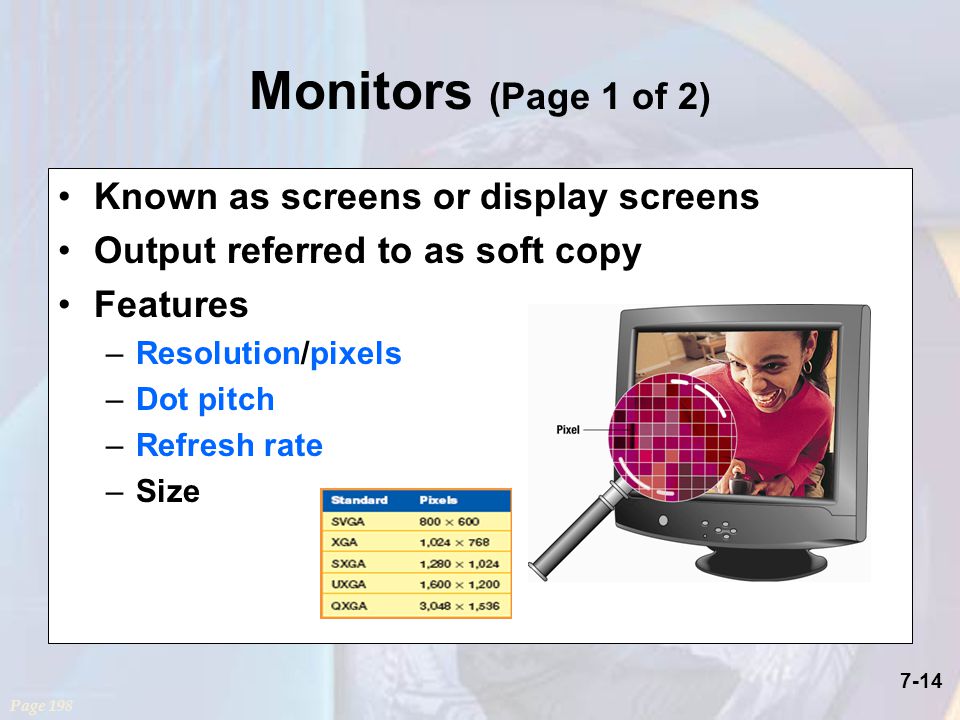 7-14 Monitors (Page 1 of 2) Known as screens or display screens Output referred to as soft copy Features –Resolution/pixels –Dot pitch –Refresh rate –Size Page 198