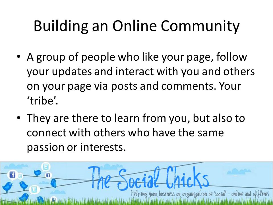 Building an Online Community A group of people who like your page, follow your updates and interact with you and others on your page via posts and comments.
