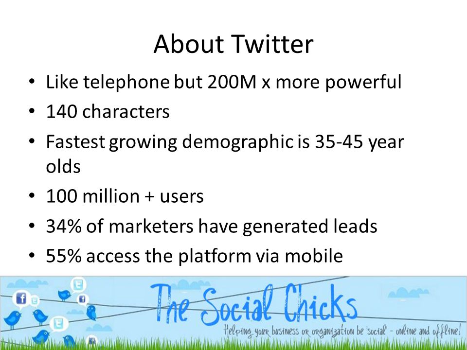 About Twitter Like telephone but 200M x more powerful 140 characters Fastest growing demographic is year olds 100 million + users 34% of marketers have generated leads 55% access the platform via mobile