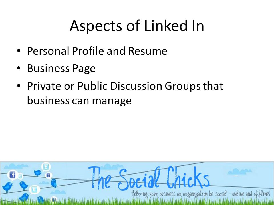 Aspects of Linked In Personal Profile and Resume Business Page Private or Public Discussion Groups that business can manage