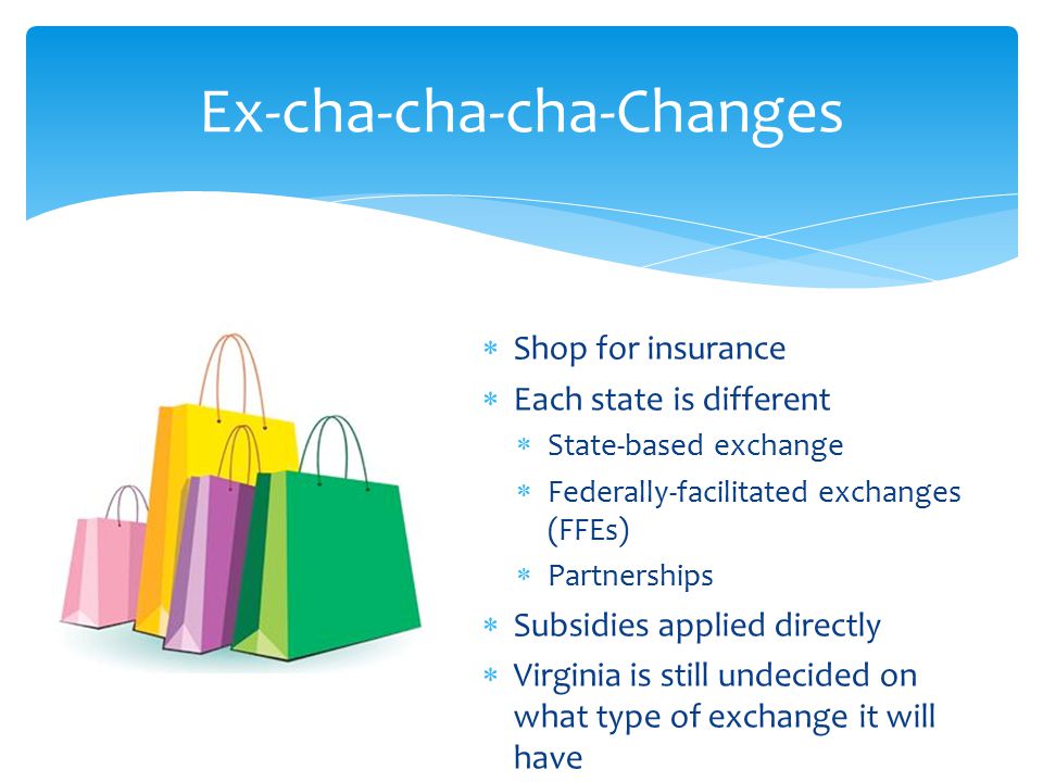  Shop for insurance  Each state is different  State-based exchange  Federally-facilitated exchanges (FFEs)  Partnerships  Subsidies applied directly  Virginia is still undecided on what type of exchange it will have Ex-cha-cha-cha-Changes