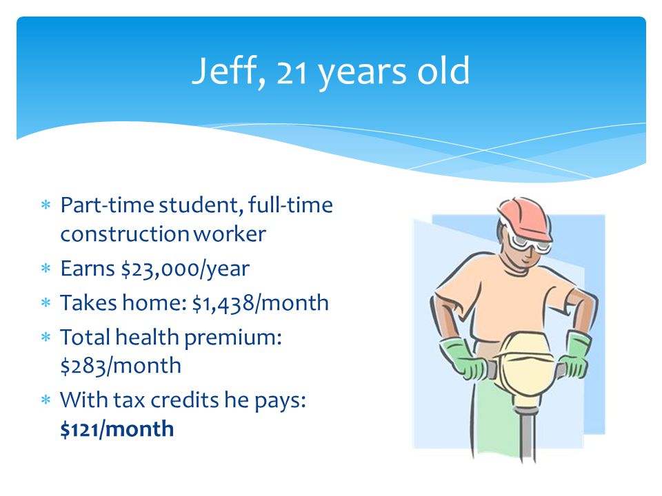 Jeff, 21 years old  Part-time student, full-time construction worker  Earns $23,000/year  Takes home: $1,438/month  Total health premium: $283/month  With tax credits he pays: $121/month