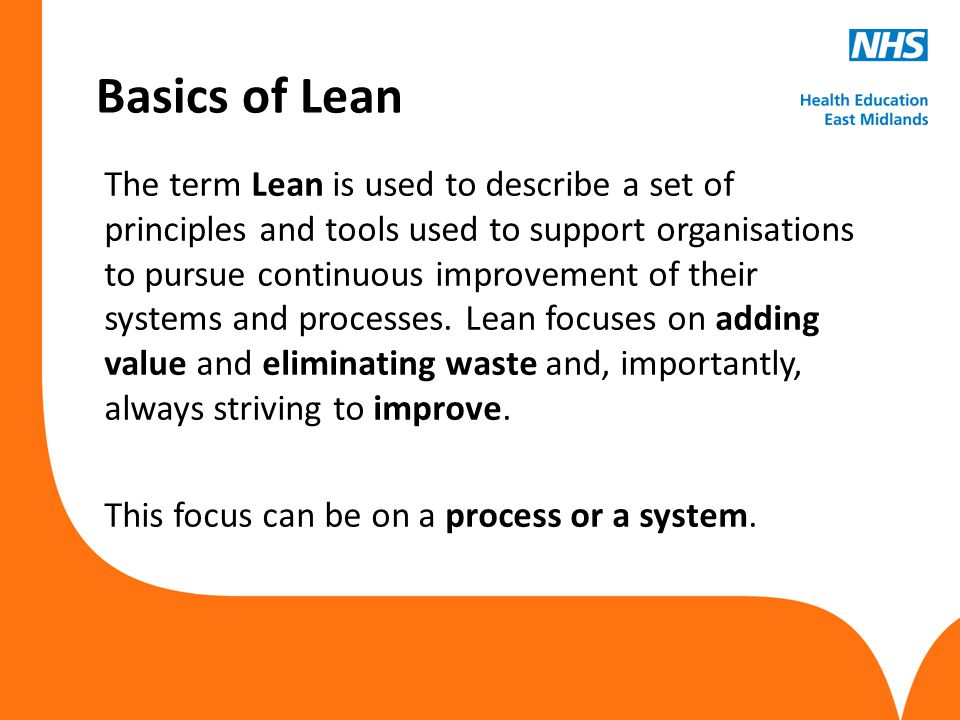 Basics of Lean The term Lean is used to describe a set of principles and tools used to support organisations to pursue continuous improvement of their systems and processes.