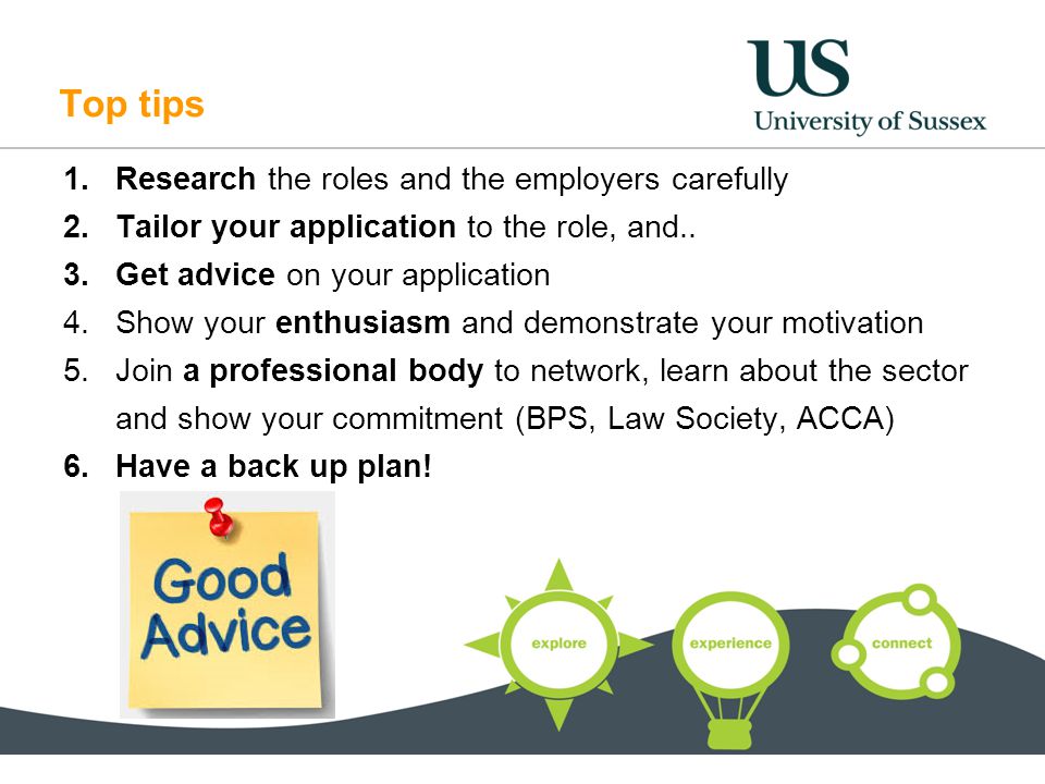Top tips 1.Research the roles and the employers carefully 2.Tailor your application to the role, and..