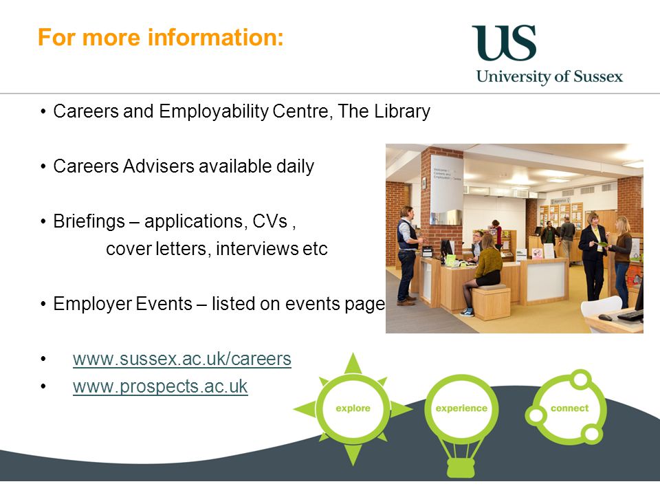 For more information: Careers and Employability Centre, The Library Careers Advisers available daily Briefings – applications, CVs, cover letters, interviews etc Employer Events – listed on events page