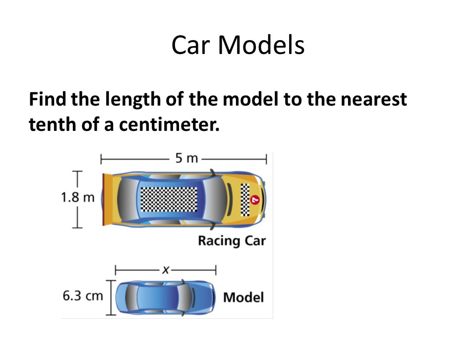 Car Models Find the length of the model to the nearest tenth of a centimeter.